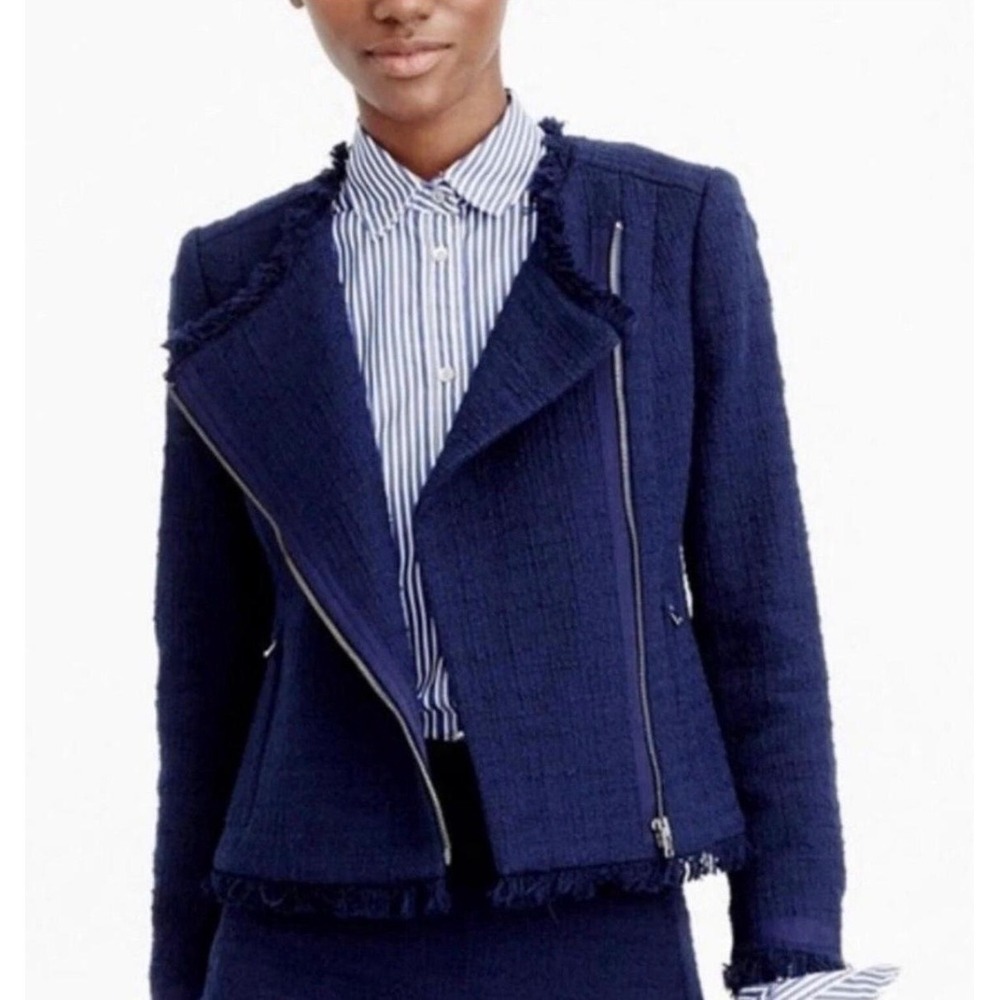 J.Crew Navy Blue Tweed Fringe Moto Jacket Asymmetrical Zip E8493 Small